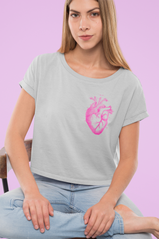 Crop Top M Gris Corazón Fucsia